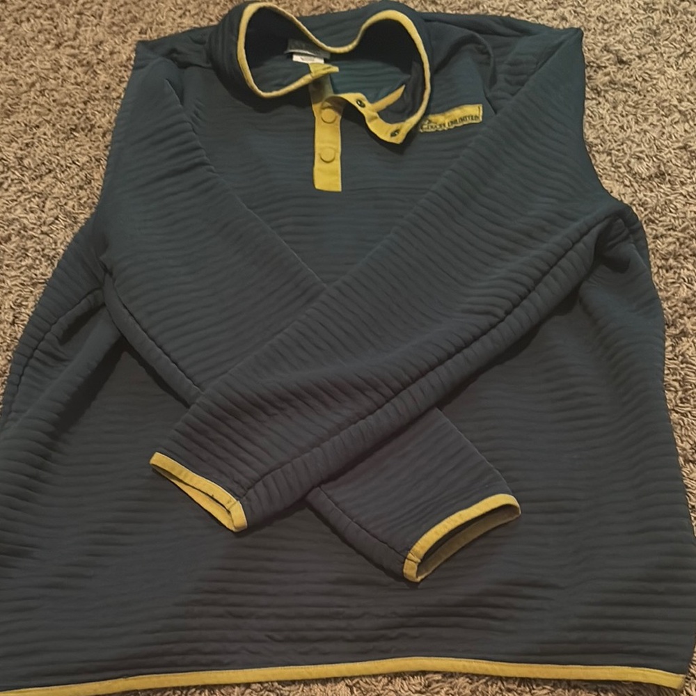 Blue and Yellow Athletic Knit Sweater with Ribbed Texture